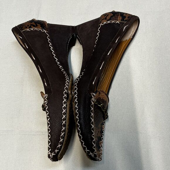 JESSICA BENNETT BROWN Leather WOMEN WEDGES SHOES 8.5 vintage look Leopard Print - Picture 2 of 12